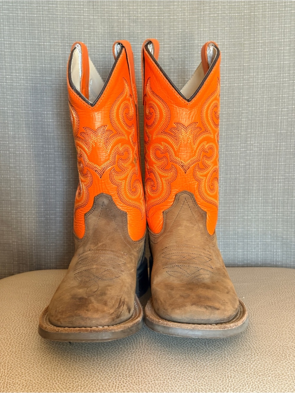 Old West Kids Orange and Brown Six-Row Stitch Western Boots - Picture 4 of 12